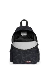 Black Eastpak backpack with abstract pattern, zipper closure, front pocket, gray lining, and padded interior, featuring a top handle for carrying.