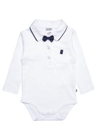 Hvit langermet bodysuit med spiss krage, marineblå kant, og en matchende sløyfedetalj. Har frontknapper og en brystlomme.