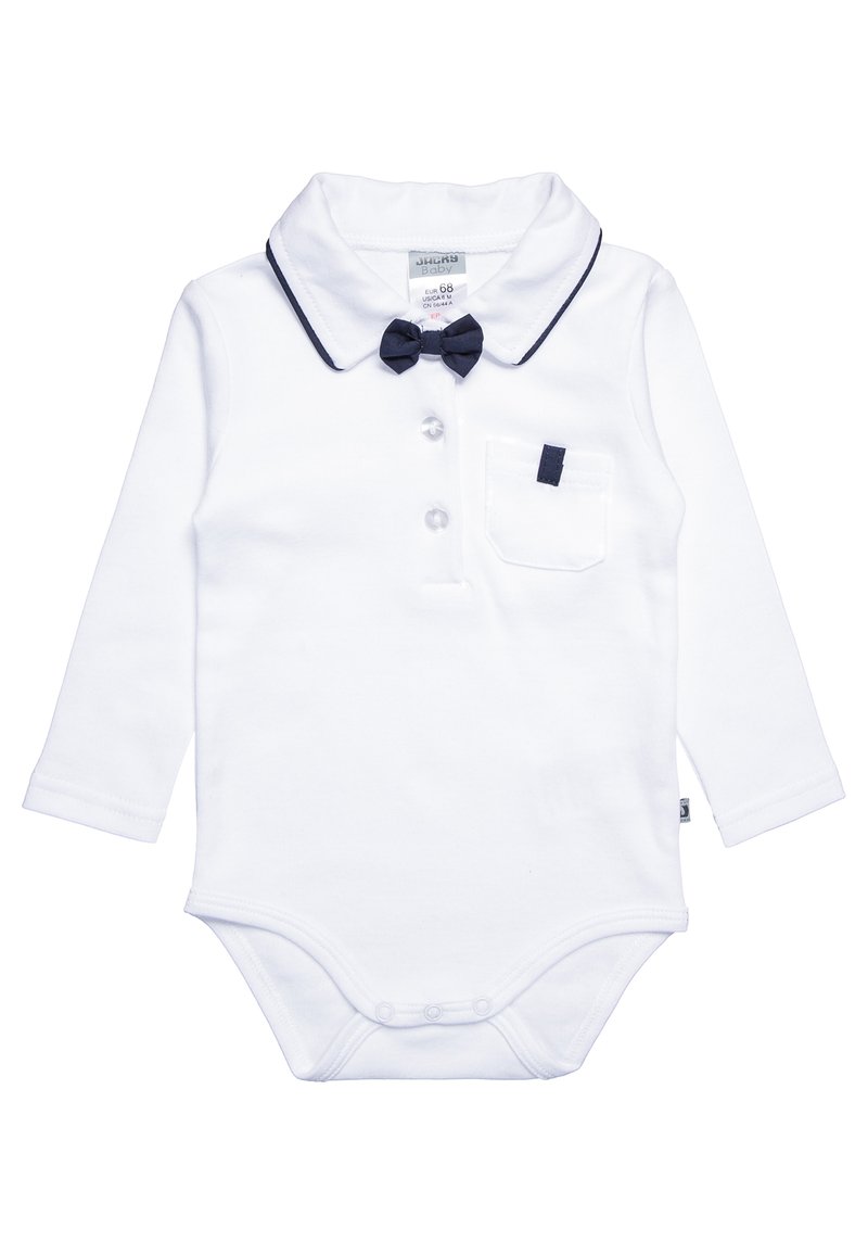 Hvit langermet bodysuit med spiss krage, marineblå kant, og en matchende sløyfedetalj. Har frontknapper og en brystlomme.
