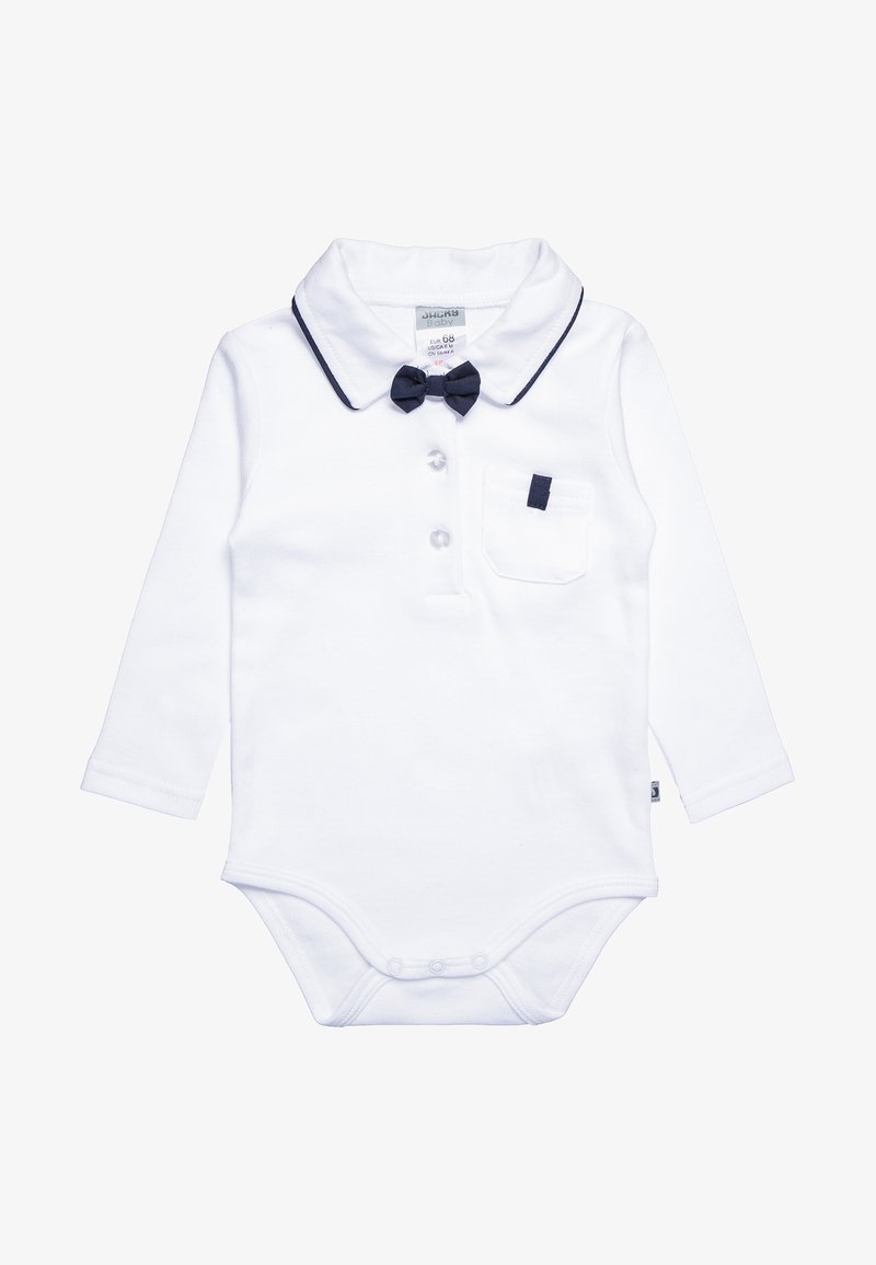 White long-sleeve bodysuit with a pointed collar, navy trim, and a matching bow tie detail. Features front buttons and a chest pocket.