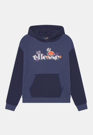 Sweat à capuche bleu marine avec manches et poche plus foncées, arborant le logo « ellesse » décoré de fleurs colorées sur la poitrine.