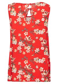 Red floral top with short sleeves, featuring a keyhole back detail and small button closure. Flower patterns in white, pink, and green accents.