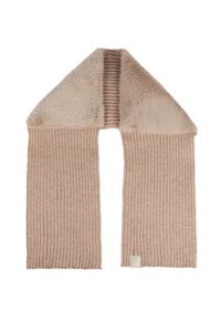 Beige strikket tørklæde med ribbet tekstur og blød faux fur krave. Har et fladt design og et lille logo mærke i enden.