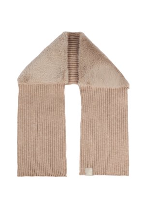 Sciarpa a maglia beige con texture a costine e colletto in morbida pelliccia sintetica. Presenta un design piatto e un piccolo cartellino con logo all'estremità.
