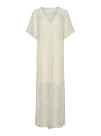 Robe maxi légère de couleur crème avec un décolleté en V, des manches courtes, un tissu transparent et des détails en dentelle décorative et broderie.