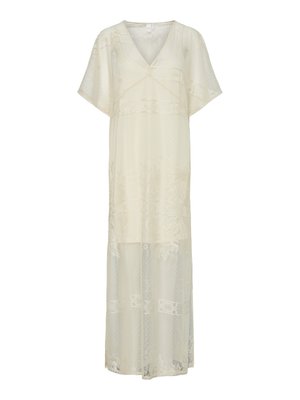 Robe maxi légère de couleur crème avec un décolleté en V, des manches courtes, un tissu transparent et des détails en dentelle décorative et broderie.