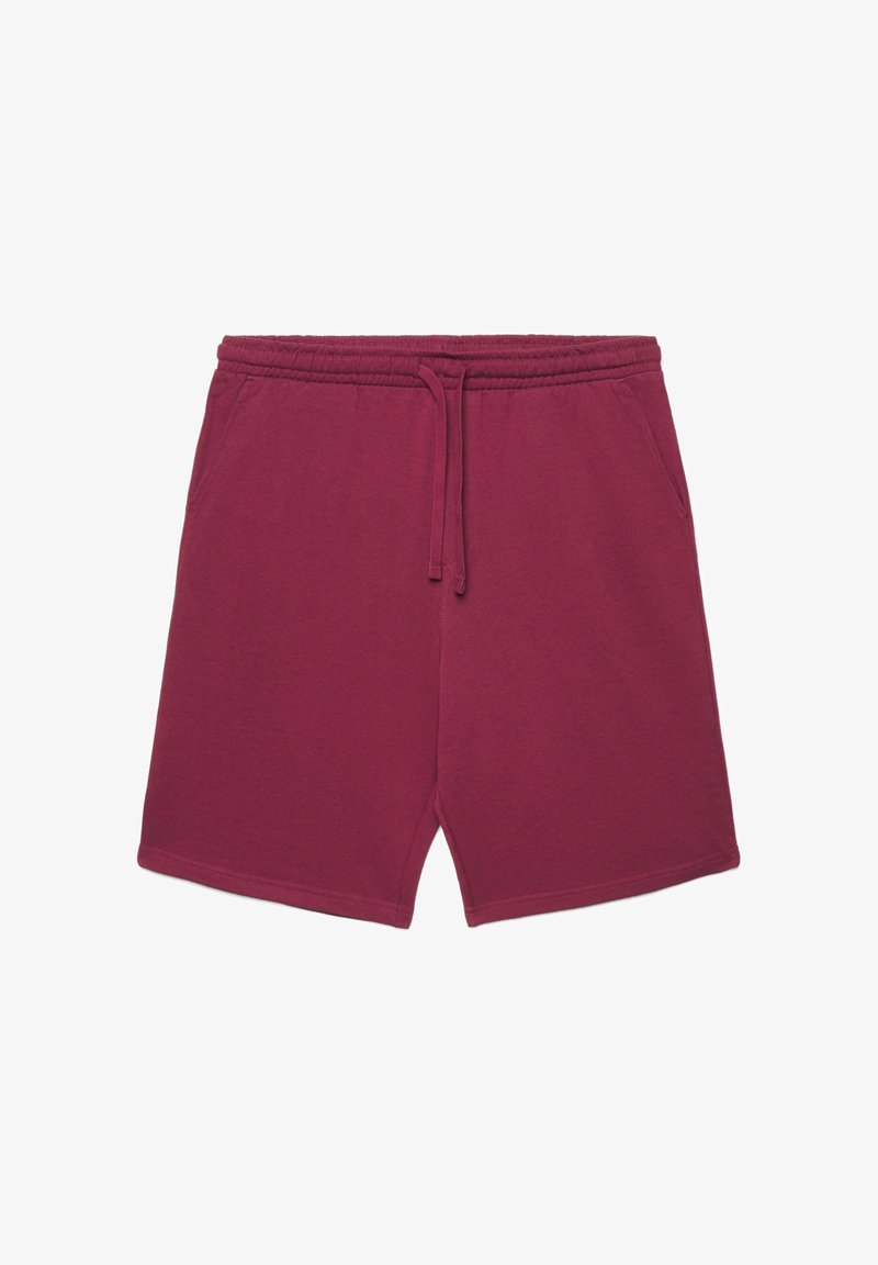 Shorts en coton couleur bordeaux avec taille élastique, cordon de serrage ajustable et poches latérales, présentés à plat sur un fond blanc.