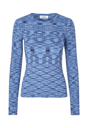 Langemouwen top van lichtgewicht, gestructureerde stof. Voornamelijk blauwe tonen met subtiele donkere patronen. Ronde halslijn, getailleerde pasvorm.