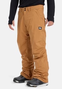 Pánske hnedé lyžiarske nohavice vyrobené z odolnej látky, s elegantným dizajnom, dvojitým zapínaním, bočnými vreckami a logom na prednej strane.