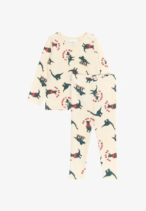 Geribbeld pyjama set met een crèmekleurige achtergrond en speelse dinosaurussen patronen in donkergroen en rood, inclusief verspreide tekstzinnen.