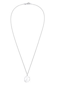Collana con catena argentata caratterizzata da un pendente a forma di simbolo di pace circolare. Texture liscia con un design minimalista e chiusura a gancio.