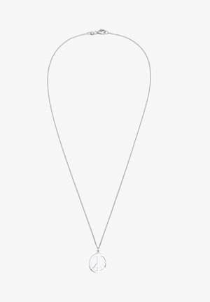 Silberkettchen mit einem runden Friedenssymbol-Anhänger. Glatte Textur mit minimalistischem Design und Verschluss.