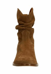 Brown suede ankle boot with a slouchy design, pointed toe, and a low stacked heel. Features visible stitching and clean edges.
