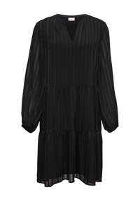 Černé dlouhé šaty s dlouhým rukávem z průhledné látky svisle pruhované, s výstřihem do V, vícevrstvým designem a nafouklými rukávy.