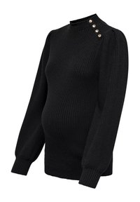 Črn rebrast pulover z napihnjenimi dolgimi rokavi in štirimi okrasnimi zlatimi gumbi na levem rami.