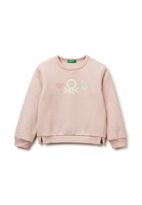 Felpa rosa chiaro realizzata in tessuto morbido, con collo rotondo, maniche lunghe e un design ricamato con cuori e un simbolo sul davanti.