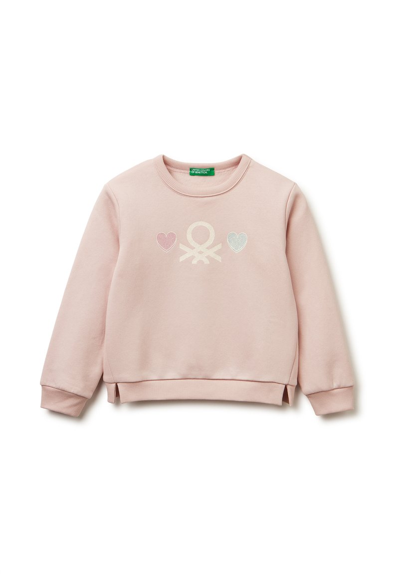 Felpa rosa chiaro realizzata in tessuto morbido, con collo rotondo, maniche lunghe e un design ricamato con cuori e un simbolo sul davanti.