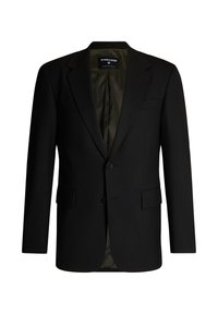 Blazer da uomo monopetto nero di Strellson con rever a rostro, due bottoni, tasche a pattina e fodera interna scura.