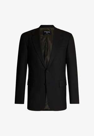 Czarna marynarka męska jednorzędowa od Strellson z klapami, dwoma guzikami, kieszeniami z klapami i ciemną podszewką.