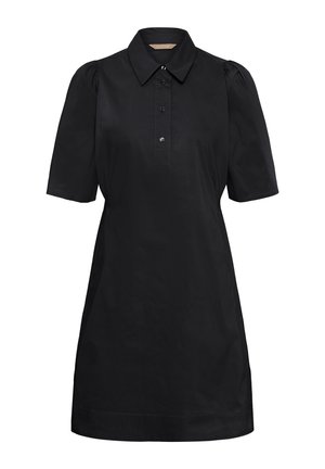 Vestido negro de manga corta con cuello puntiagudo, tapeta de botones en la parte delantera y hombros ligeramente abullonados.