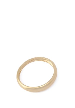 Goldener Ring mit glatter, polierter Oberfläche. Einfach geformtes, rundes Band ohne Verzierungen oder Muster, mit nahtlosem Design.