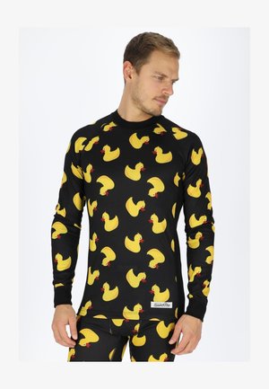 Langärmliges schwarzes Rashguard mit einem Muster aus gelben Gummienten mit roten Schnäbeln, hergestellt aus dehnbarem, strukturiertem Material.