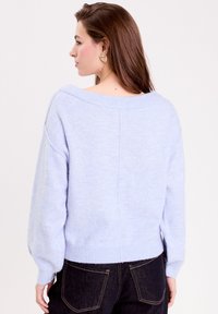 Pull en bleu clair, de grande taille, avec une texture douce, un ourlet côtelé et un décolleté large. Présente des épaules tombantes et un détail de couture subtil au dos.