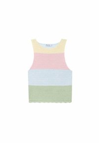 Mouwloze haak top met horizontale strepen in pastelgeel, -roze, lichtblauw en lichtgroen.