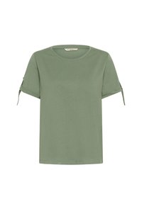 Olive green short-sleeve t-shirt made of soft fabric, featuring a round neckline and ties on the sleeves for adjustable fit.
