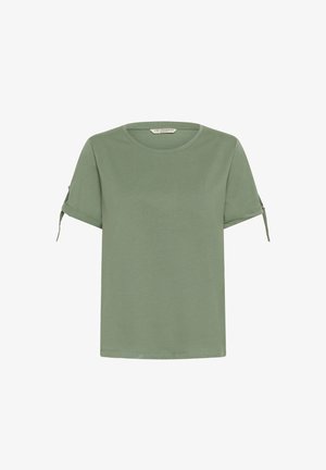 Oliivivihreä lyhythihainen t-paita pehmeästä kankaasta, jossa on pyöreä kaula-aukko ja nauhat hihoissa säädettävää istuvuutta varten.