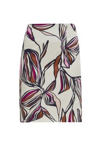 Jupe imprimée fleurie en crème avec des contours roses, bruns et foncés. Caractérisée par une coupe ajustée et une texture lisse. Longueur mi-cuisse.