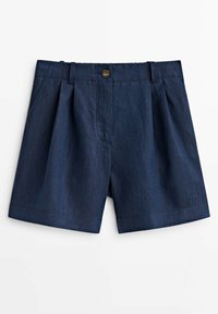 Shorts plissés bleu marine avec fermeture par bouton, passants pour ceinture et poches latérales, présentés à plat sur fond blanc.