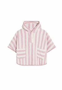 Poncho con cappuccio a righe rosa e bianche, realizzato in tessuto morbido, con una chiusura frontale a bottoni e due tasche a toppa.
