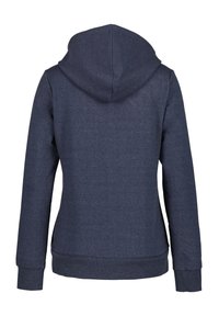 Hoodie in donker marineblauw, gemaakt van gestructureerde stof. Heeft een taps toelopende pasvorm en ribgebreide manchetten en zoom. Achteraan is het detail van de capuchon te zien.