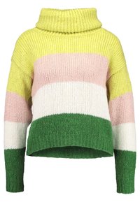 Gruby sweter z golfem, w poziome paski w kolorach żółtym, różowym, białym i zielonym. Miękka tekstura i krótki fason.