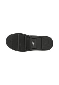 Suola nera di scarpa con motivo testurizzato, caratterizzata da scanalature orizzontali e un'etichetta con logo. Il materiale sembra gomma con una finitura liscia.