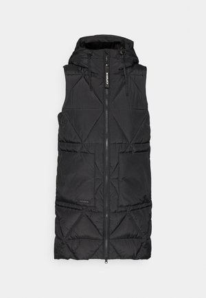 Schwarze Daunenweste mit Kapuze, ausgestattet mit einem Frontreißverschluss, einem diamantgequilten Muster und zwei seitlichen Taschen. Weiches, leichtes Material.
