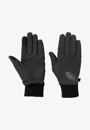 Schwarze Handschuhe aus weichem, leichtem Material mit einem strukturierten Silikongriff in der Handfläche und gerippten Bündchen für zusätzlichen Komfort.