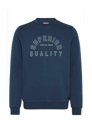 Marineblaues Sweatshirt aus strukturiertem Stoff, mit Rundhalsausschnitt und gerippten Bündchen. Auf der Vorderseite steht der Text "SUPERIOR QUALITY" in Weiß.