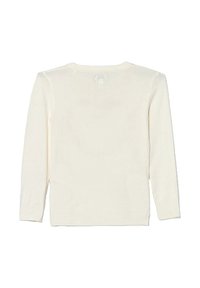 Maglione lavorato a maglia color crema con maniche lunghe, colletto rotondo e polsini e orlo a coste. Texture morbida, design minimalista.