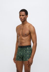 Zeleni bokser hlačke z vzorcem in črnim pasom z blagovno znamko "BJÖRN BORG." Hlačke so oprijete in imajo cikcak vzorec.