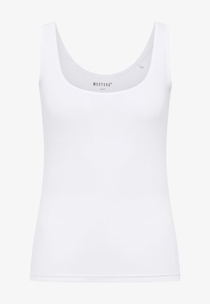 Top alb cu bretele, cu decolteu rotund, realizat dintr-un material de bumbac ribbat, având o formă ajustată și fără branding sau embellismente vizibile.