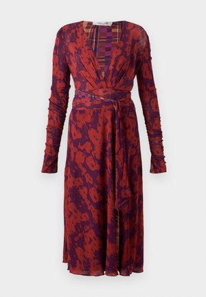 Red and purple dress with long sleeves, a deep V-neck, and a belted waist. Features a textured design and patterned inner lining.