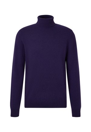 Maglione dolcevita viola realizzato in tessuto morbido, caratterizzato da una vestibilità aderente, maniche lunghe e collo e orlo a coste.