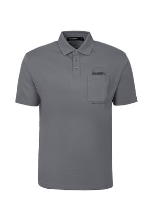 Gray polo shirt made of soft cotton, featuring a three-button placket, short sleeves, and a pocket with a sunglasses print.