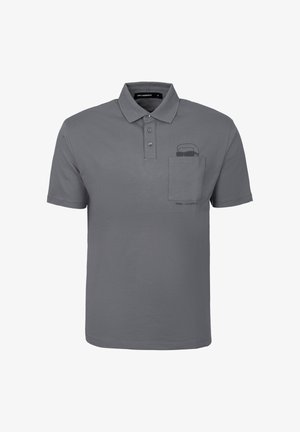 Grijs poloshirt gemaakt van zacht katoen, voorzien van een drieknopsluiting, korte mouwen en een zak met een print van een zonnebril.