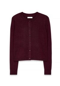 Bordový pletený kardigán s okrúhlym výstrihom, dlhými rukávmi, prednými gombíkmi a rebrovaným lemom. Mäkká textúra, priliehavý strih a ležérny štýl.