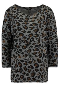 Maglia grigia a maniche lunghe con una stampa leopardata nera e marrone. Realizzata in tessuto morbido, presenta un ampio scollo e una vestibilità comoda.