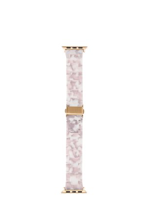 Apple Watch-Armband mit rosa-weißem Marmor-Muster und goldfarbenen Metallverschlüssen, dargestellt vor weißem Hintergrund.