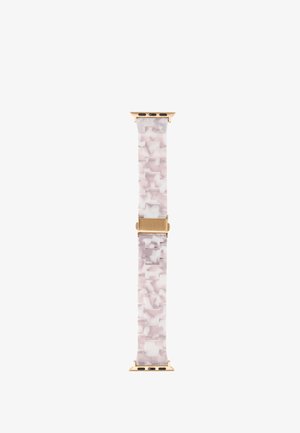Apple Watch-bandje met roze en wit marmerpatroon en gouden metalen sluitingen, weergegeven tegen een witte achtergrond.